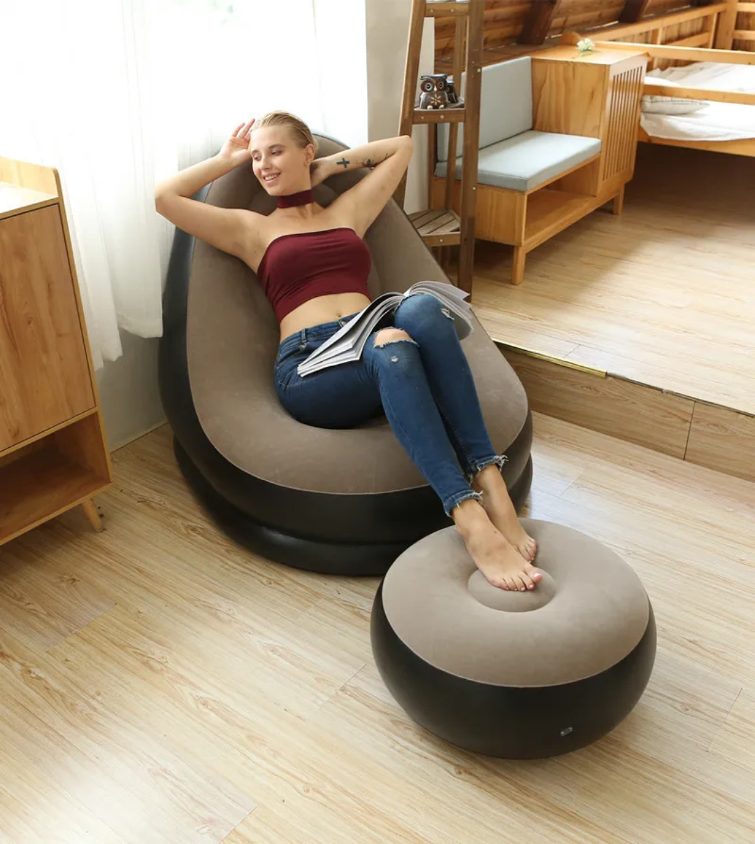 Fauteuil Gonflable Confort + Repose-Pieds – Idéal Intérieur et Extérieur